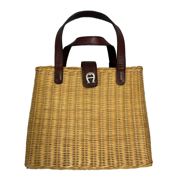 Vintage 80's ETIENNE AIGNER Wicker Leather Handles Basket Bag Handbag Purse - Picture 1 of 15